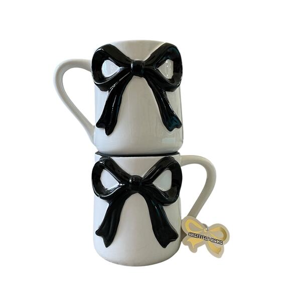 Sheffield Home Hand Painted Large Black Bow Embossed Mug Set of 2 White New - Picture 2 of 15